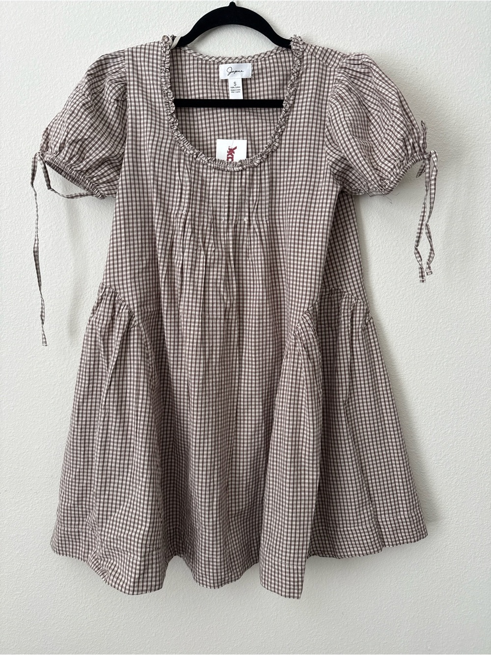 Japna Cotton Brown Gingham Puff-Sleeve Dress